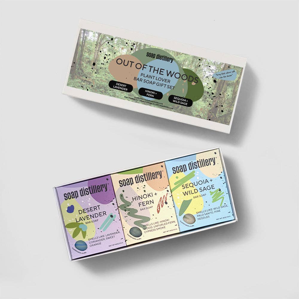 Set of 3 Soaps with text 'Out of the Woods'