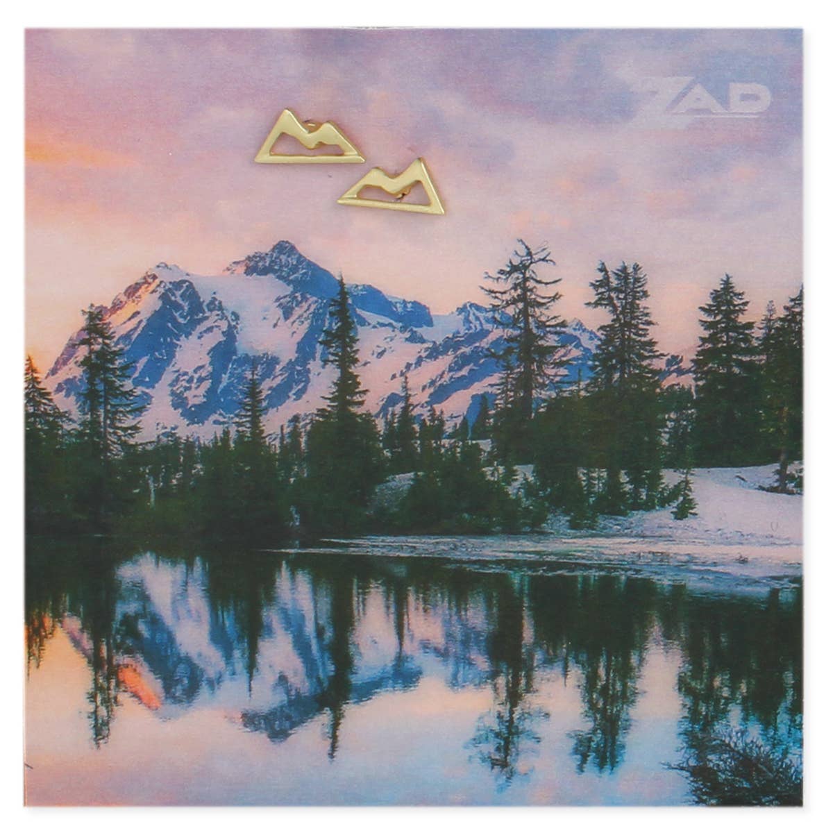 Gold Mountain Earrings on a scenic mountain view card.