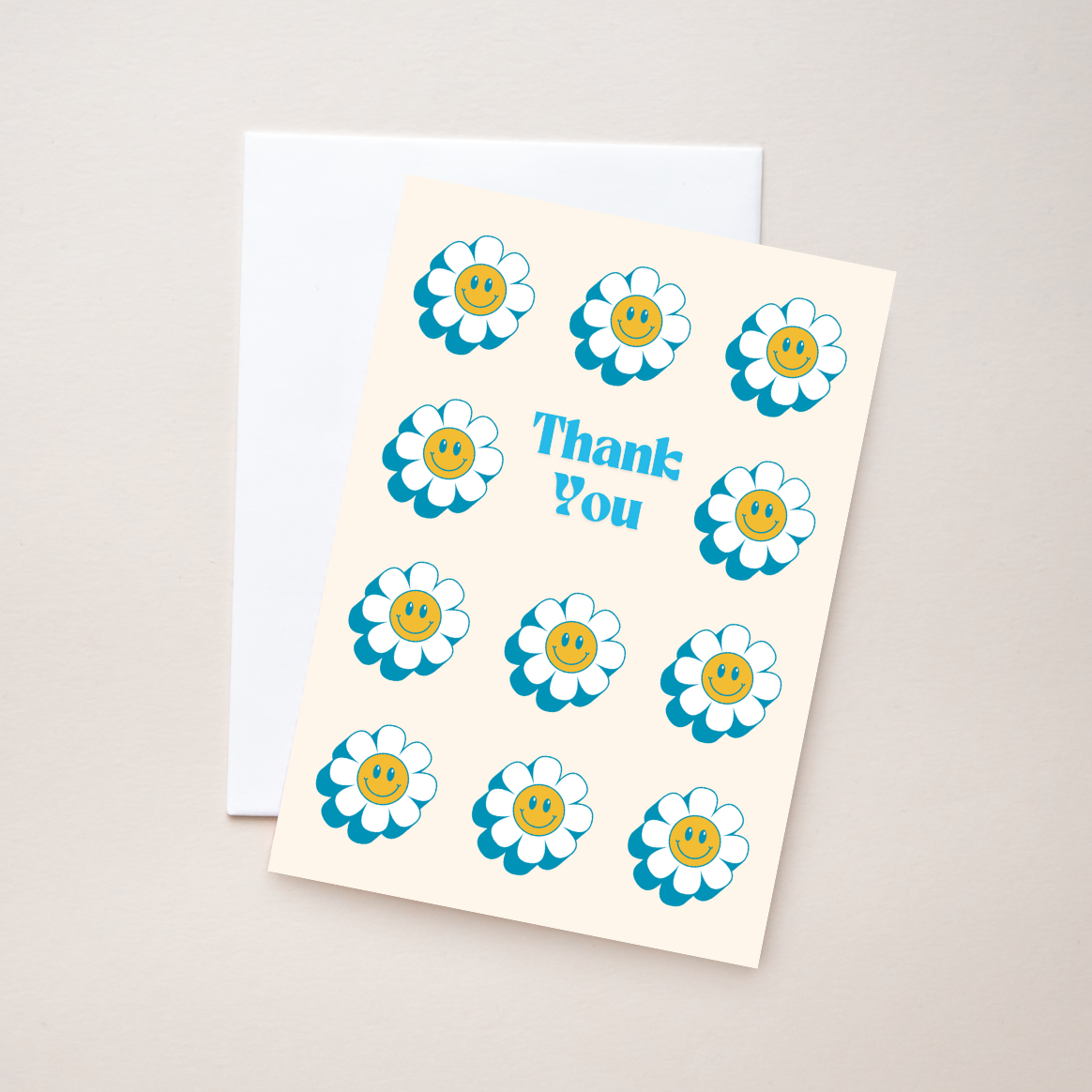 Groovy flower greeting card with blue text 'Thank You' and smiley faces on a beige background. 