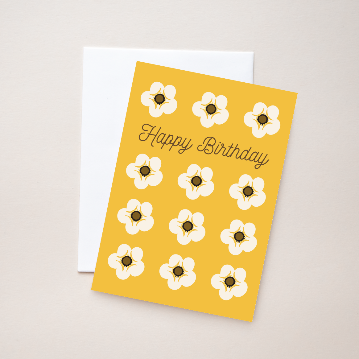 Yellow birthday card with white flowers and 'Happy Birthday' text on a beige background.
