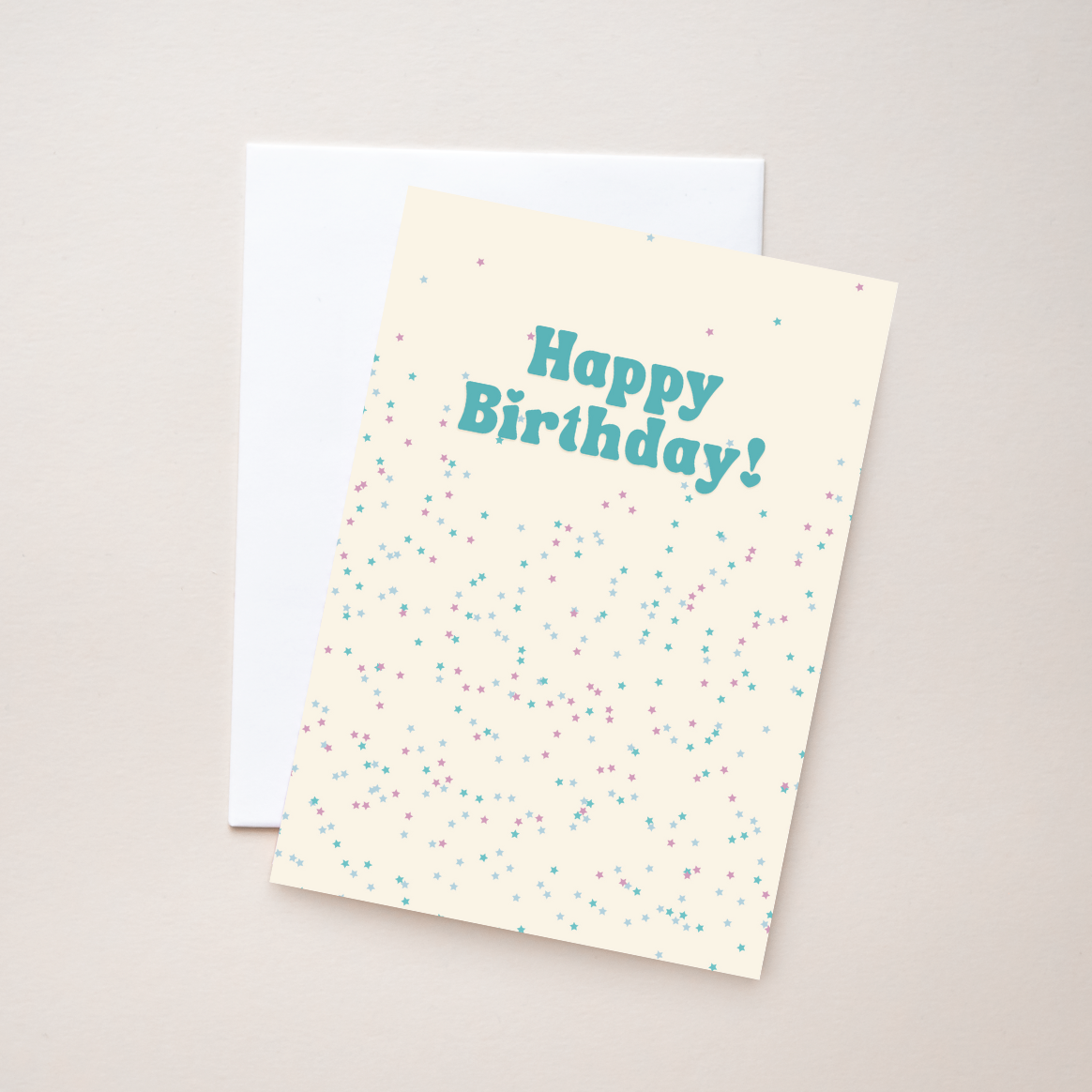 Image of a birthday card reading "Happy Birthday" with blue and pink star confetti.