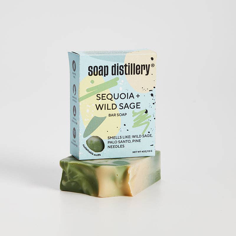 Soap Distillery Sequoia + Wild Sage bar soap on a white background.