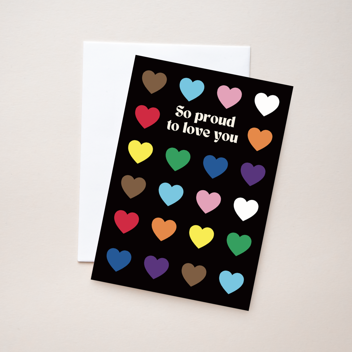 Pride greeting card with colorful hearts and 'So proud to love you' text on a black background.