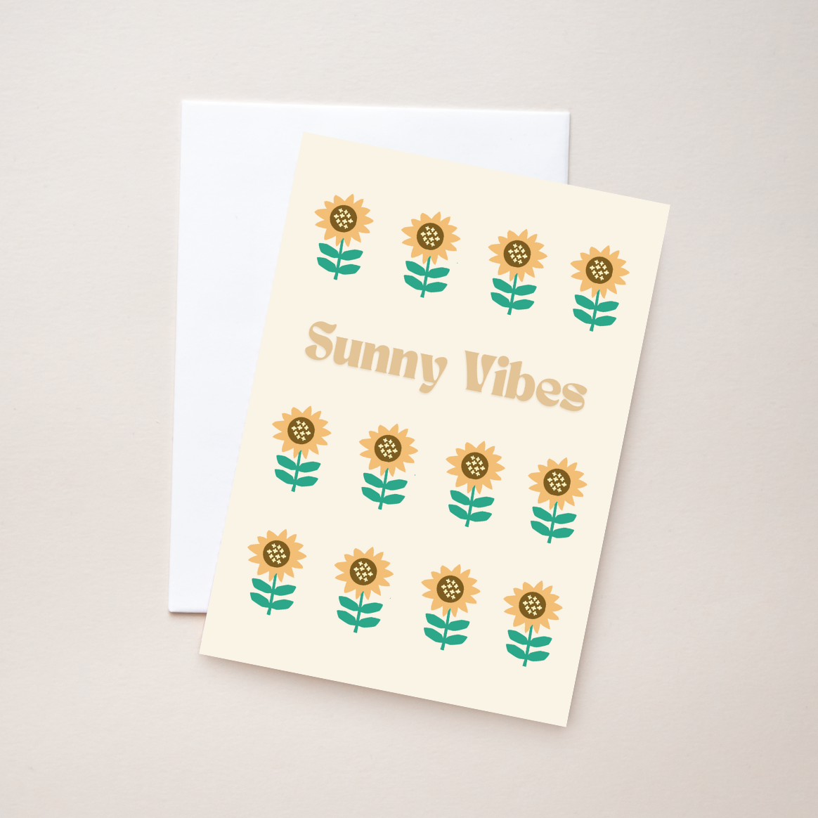 Greeting card with sunflower illustrations and 'Sunny Vibes' text on a beige background.