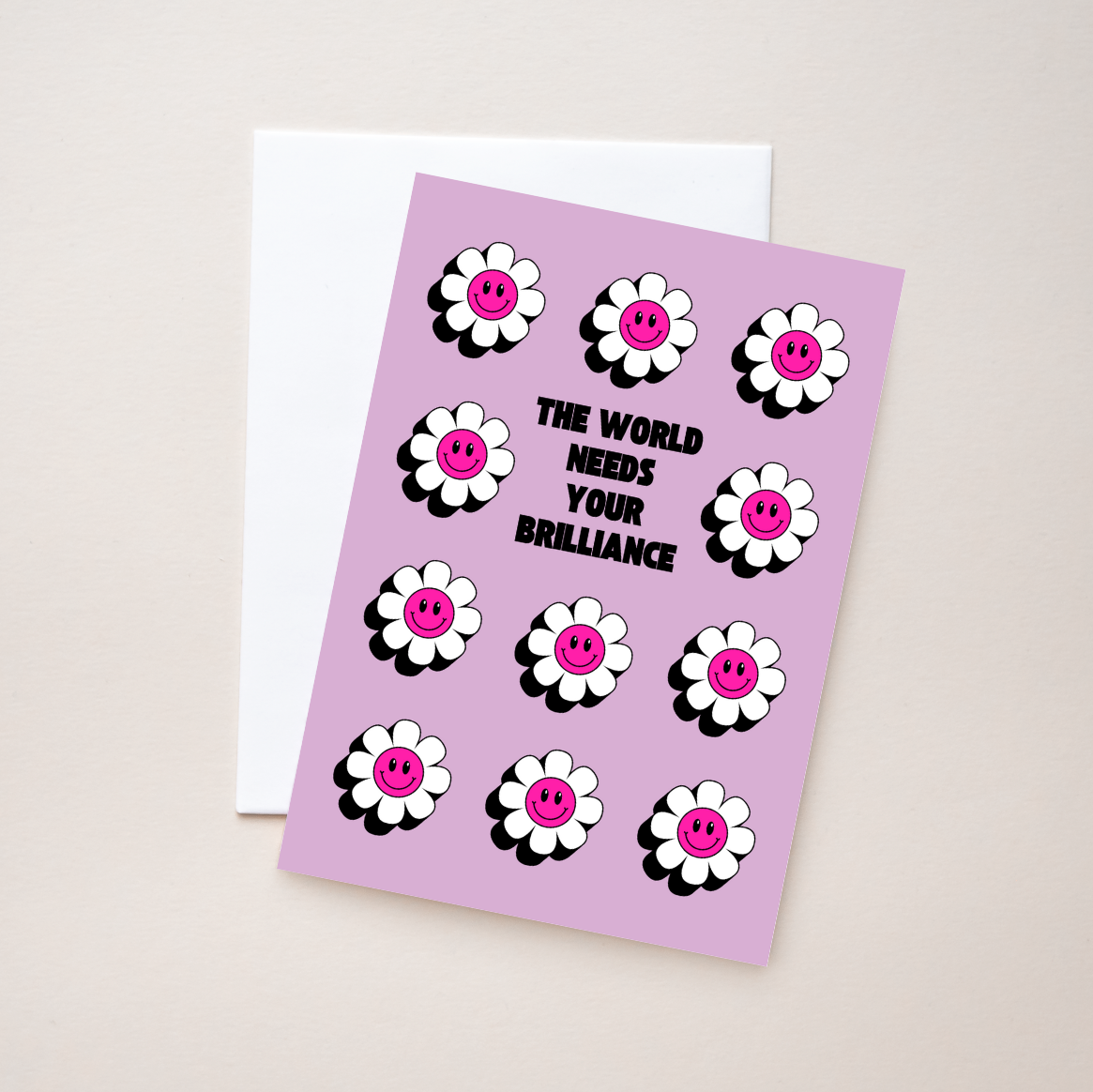 Purple greeting card with smiley flower designs and text on a light background.